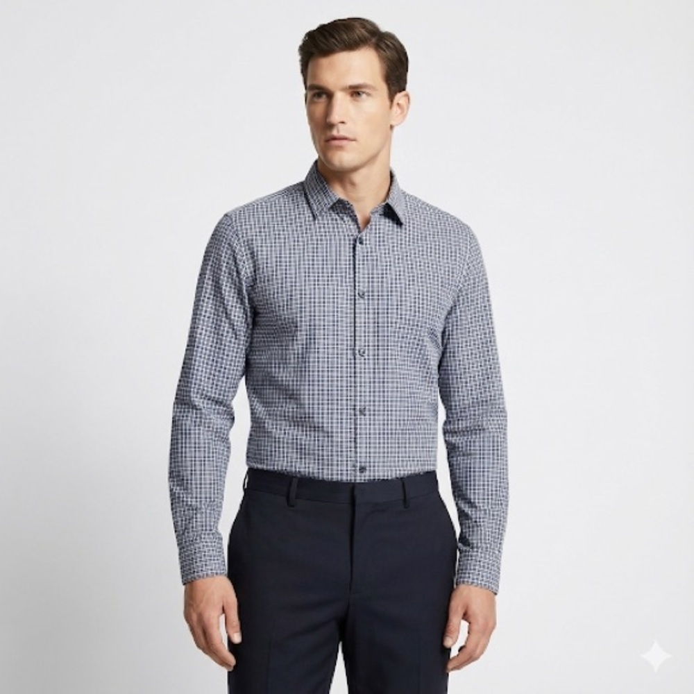 Theory Rammy grid cotton button down shirt blue white large